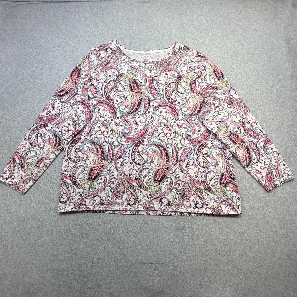 Talbots Tee Shirt Womens 3X Plus Red Blue Green Paisley Long Sleeve Crewneck Top